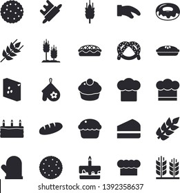 Solid vector icon set - cook hat flat vector, potholder, rolling pin, groats, ear, biscuit, bagel, bread, cupcake, piece of cake, donut, pie