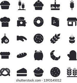 Solid vector icon set - cook hat flat vector, potholder, toaster, flour, groats, biscuit, bagel, croissant, cake, bread, cupcake, piece of, donut, ear, store front