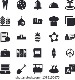 Solid vector icon set - cook hat flat vector, potholder, double boiler, food processor, dish, cutlet, whiskey, pineapple, shovel, planting plants, diagnostics, gestation, molecules, tooth, briefcase