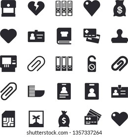 Solid vector icon set - cookbook flat vector, SIM card, credit, wealth, heart, clip, badge, folders for papers, indentity fector, hotel first line, cash dispenser, photo, do not disturb, stamp