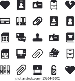 Solid vector icon set - cookbook flat vector, SIM card, credit, heart, clip, badge, archive, folders for papers, indentity fector, cash dispenser, pass, do not disturb, stamp