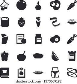 Solid vector icon set - cookbook flat vector, spaghetti, porridge, carrot, garlic, onion, bell pepper, fish rolls, scrambled eggs, Strawberry, orange, vial, diet, centimeter, buttocks, waistline