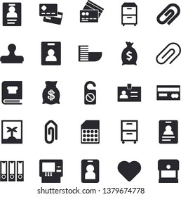 Solid vector icon set - cookbook flat vector, SIM card, credit, wealth, heart, clip, badge, archive, folders for papers, indentity fector, hotel first line, cash dispenser, photo, pass, stamp