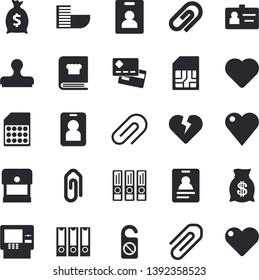 Solid vector icon set - cookbook flat vector, SIM card, credit, wealth, heart, clip, badge, folders for papers, indentity fector, hotel first line, cash dispenser, pass, do not disturb, stamp