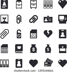 Solid vector icon set - cookbook flat vector, SIM card, wealth, heart, clip, archive, folders for papers, indentity fector, credit, cash dispenser, photo, pass, do not disturb, badge, stamp