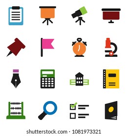 solid vector icon set - copybook vector, pen, school building, telescope, microscope, calculator, alarm clock, clipboard, paper pin, abacus, presentation, flag, magnifier, exam, board, catalog