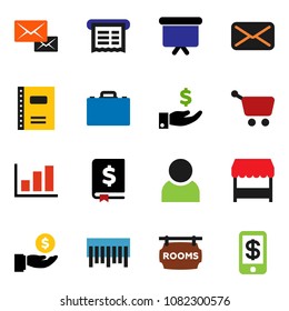 solid vector icon set - copybook vector, case, graph, investment, annual report, presentation board, barcode, mail, user, rooms signboard, market, receipt, cart, tap pay