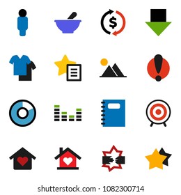 solid vector icon set - copybook vector, exchange, pie graph, man, arrow down, target, attention, equalizer, mortar, disconnection, favorites, mountain, love home, clothes, star