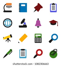 solid vector icon set - copybook vector, graduate hat, pencil, pen, telescope, microscope, bell, table lamp, calculator, clipboard, paper pin, world, magnifier, attachment