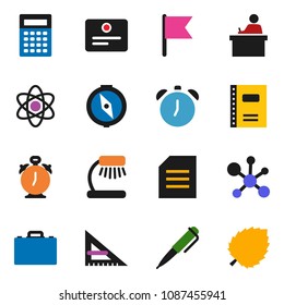 solid vector icon set - copybook vector, corner ruler, student, case, atom, pen, table lamp, calculator, alarm clock, compass, certificate, document, molecule, flag, leaf