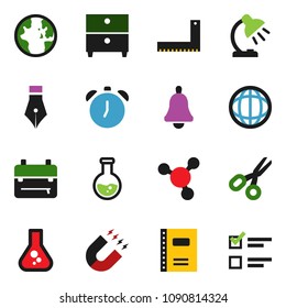 solid vector icon set - copybook vector, pen, corner ruler, backpack, bell, table lamp, alarm clock, magnet, scissors, world, archive, molecule, flask, exam