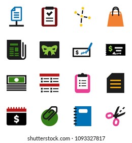 solid vector icon set - copybook vector, clipboard, document, constellation, exam, cash, check, dollar calendar, newspaper, network, attachment, gift, shopping bag, list, coupon