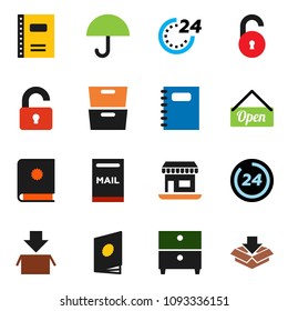 solid vector icon set - copybook vector, archive, office, umbrella, unlock, mailbox, open, 24 hour, catalog, package