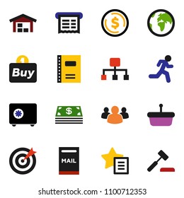 solid vector icon set - copybook vector, dollar coin, safe, run, earth, group, favorites, hierarchy, mailbox, barn, cash, target, buy, receipt, basket, auction