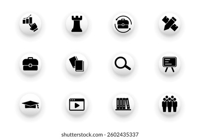 Solid vector icon set with corporete, business, knowledge, strategy symbols.