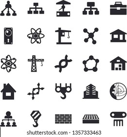Solid vector icon set - crane flat vector, house, brick wall, hook, tool bag, door lock, well, hierarchy, warehouse, DNA, molecules, office building, molecule, atom, classification, antique column