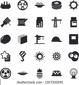 Solid vector icon set - crane flat vector, hook, hard hat, lemon, spaghetti on a fork, scrambled eggs, pineapple, pancakes, sun, radiation, sticker, hostory roll, notebook, vitamins, fector, taxi