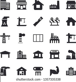 Solid vector icon set - crane flat vector, house, window, level meter, skyscraper, barrier, grain warehouse, factory, manufactory, plant, store front, lighthouse, hospital, nuclear power, muscles