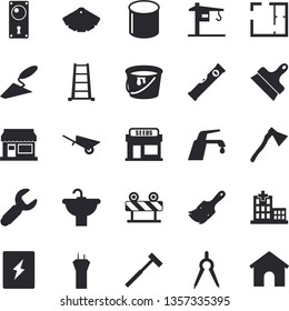 Solid vector icon set - crane flat vector, trowel, wheelbarrow, paint brush, color scheme, sink, house layout, level meter, door lock, switch box, putty knife, ax, barrier, faucet, grain warehouse