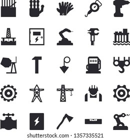 Solid vector icon set - crane flat vector, hook, concrete mixer, drill screwdriver, level meter, switch box, construction plummet, ax, hammer, spring balance, gloves, oil production platform, worker