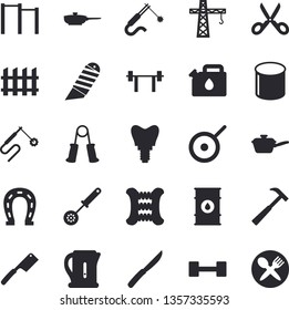 Solid vector icon set - crane flat vector, fence, stationery knife, hammer, frying pan, saute, teflon, electric kettle, kitchen spoon, knives, scissors, horseshoe, oil tanks, canister, welding