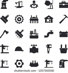 Solid vector icon set - crane flat vector, concrete mixer, cogwheel, tool bag, hard hat, putty knife, ax, hammer, oil production platform, pumping, main pipeline, accumulator, plant, laser, trammel