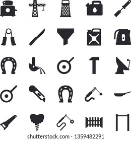 Solid vector icon set - crane flat vector, saw, fence, stationery knife, hammer, frying pan, teflon, electric kettle, kitchen spatula, knives, toaster, grater, horseshoe, canister, satellite antenna