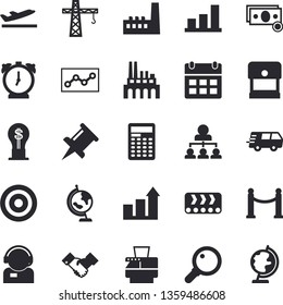 Solid vector icon set - crane flat vector, manufactory, plant, conveyor, cash, telephone operator, idea, trucking, drawing pin, point diagram, hierarchy, copy machine, agreement, globe, calculator