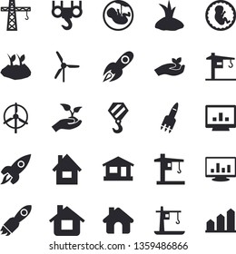 Solid vector icon set - crane flat vector, house, hook, seedlings, planting plants, rocket, embryo, computer chart, windmill, achievement