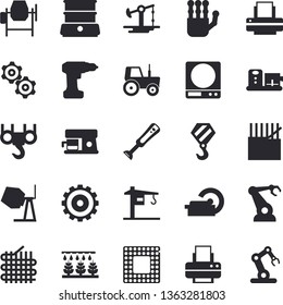 Solid vector icon set - crane flat vector, hook, concrete mixer, drill screwdriver, weighing machine, double boiler, blender, coffee, food processor, tractor, sprinkling, oil pumping, robotics, cpu