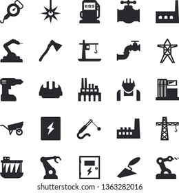 Solid vector icon set - crane flat vector, trowel, wheelbarrow, drill screwdriver, hard hat, switch box, ax, spring balance, main pipeline, gas station, refueling, power line support, hydroelectric