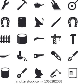 Solid vector icon set - crane flat vector, fence, stationery knife, hammer, frying pan, saute, teflon, kitchen spoon, whisk, knives, horseshoe, saw, oil tanks, satellite antenna, pipe production