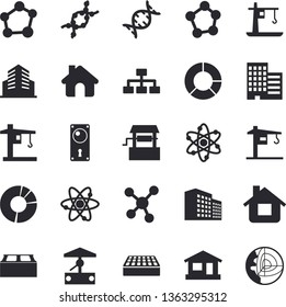 Solid vector icon set - crane flat vector, house, door lock, skyscraper, brick, well, DNA, molecules, office building, clircle diagram, molecule, atom, classification, core of the earth fector