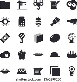 Solid vector icon set - crane flat vector, hook, hard hat, spaghetti, lemon, on a fork, bell pepper, scrambled eggs, pineapple, computer file, sticker, hostory roll, vitamins, sun fector, taxi, lamp