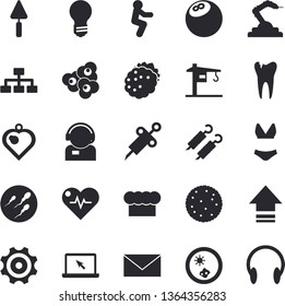 Solid vector icon set - crane flat vector, trowel, cook hat, biscuit, shashlik, popcorn, blackberry, cogwheel, robotics, telephone operator, syringe, sperm, caries, laptop, bulb, Petri dish, squats