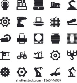 Solid vector icon set - crane flat vector, hook, cogwheel, drill screwdriver, weighing machine, double boiler, food processor, tractor, lawn mower, oil pumping, fabric manufacture, robotics, cash