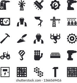 Solid vector icon set - crane flat vector, builder, hook, trowel, drill screwdriver, switch box, repair, putty knife, brick, hammer, windmill, tractor, sprinkling machine, cogwheel, robot hand