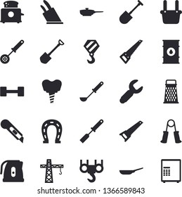 Solid vector icon set - crane flat vector, hook, saw, stationery knife, frying pan, electric kettle, ladle, kitchen spatula, spoon, knives, toaster, grater, horseshoe, shovel, oil tanks, wrench