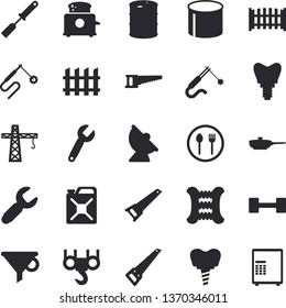 Solid vector icon set - crane flat vector, hook, saw, fence, frying pan, kitchen spatula, toaster, table setting, oil tanks, canister, satellite antenna, pipe production, welding, wrench, funnel