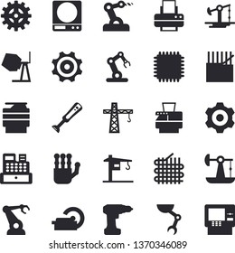 Solid vector icon set - crane flat vector, concrete mixer, cogwheel, drill screwdriver, weighing machine, blender, oil pumping, fabric manufacture, robotics, cash, tomograph, printer, copy, cpu