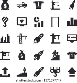 Solid vector icon set - crane flat vector, hook, pickup truck, rocket, wealth, statistics, computer diagnostics of health, statistic, career ladder, parallel bars, sport T shirt, upload