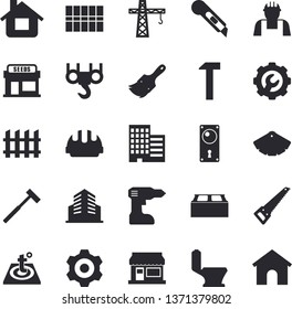 Solid vector icon set - crane flat vector, builder, hook, cogwheel, drill screwdriver, saw, paint brush, color scheme, toilet, door lock, skyscraper, tile, hard hat, repair, brick, fence, warm floor