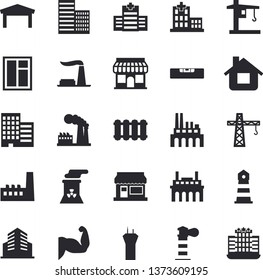 Solid vector icon set - crane flat vector, window, level meter, skyscraper, heating batteries, grain warehouse, house, factory, manufactory, plant, store front, lighthouse, hospital, office building