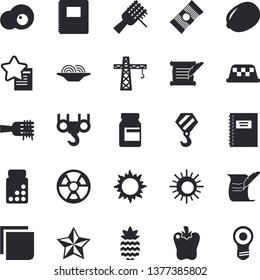 Solid vector icon set - crane flat vector, hook, spaghetti, lemon, on a fork, bell pepper, scrambled eggs, pineapple, sun, radiation, sticker, hostory roll, notebook, vitamins, fector, taxi, lamp