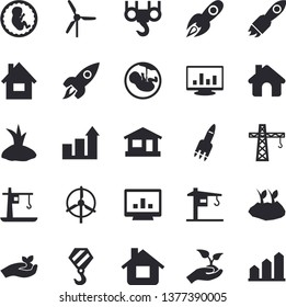 Solid vector icon set - crane flat vector, house, hook, seedlings, planting plants, rocket, embryo, computer chart, windmill, achievement