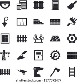 Solid vector icon set - crane flat vector, brick wall, window, trowel, wheelbarrow, cogwheel, drill screwdriver, paint brush, roller, sink, house layout, Entrance door, tile, calculator, switch box