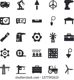 Solid vector icon set - crane flat vector, trowel, cogwheel, drill screwdriver, tape measure, tool bag, level meter, construction plummet, windmill, tractor, sprinkling machine, warehouse, trucking