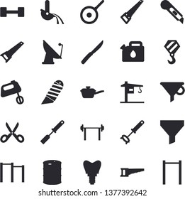 Solid vector icon set - crane flat vector, hook, saw, stationery knife, saute, teflon, kitchen spatula, whisk, knives, scissors, mixer, oil tanks, canister, satellite antenna, metallurgy, funnel