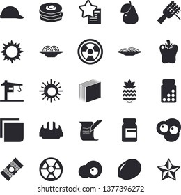 Solid vector icon set - crane flat vector, hard hat, spaghetti, lemon, on a fork, bell pepper, scrambled eggs, pineapple, pear, pancakes, sun, radiation, sticker, hostory roll, vitamins, fector