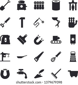 Solid vector icon set - crane flat vector, trowel, saw, putty knife, heating batteries, hammer, boiler, frying pan, electric kettle, whisk, toaster, grater, canned food, shovel, rake, water tap
